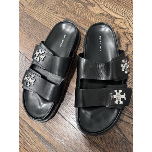 Tory Burch TURNLOCK SPORT SLIDE Black Leather Sz 9.5 Silver Logo Hardware - Picture 4 of 14